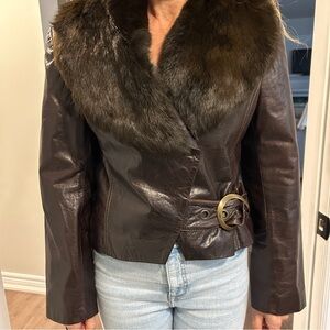 Brown genuine leather jacket for women short